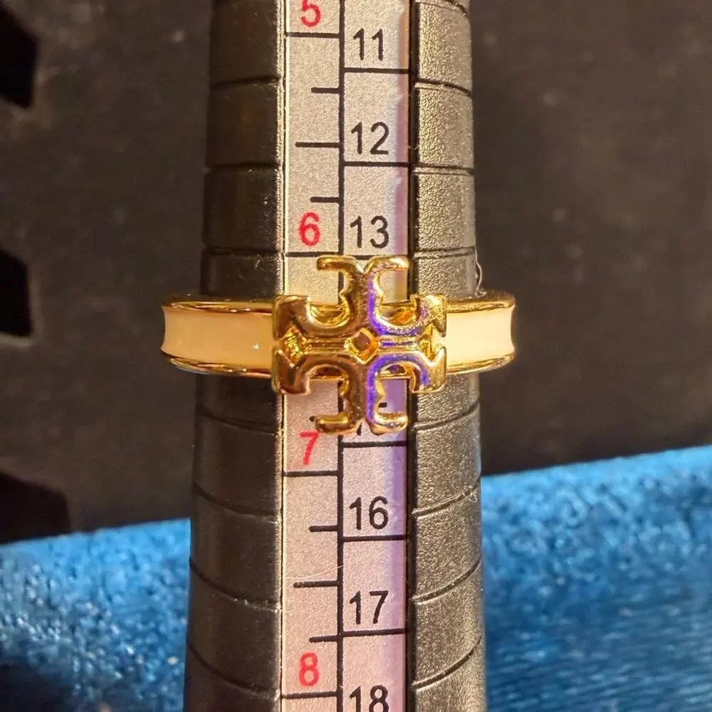 Tory Burch Icon Enamel Ring Gold & White Size 6.5 Double T Logo NWOT